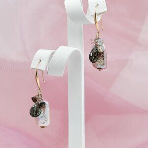 Baroque Pearl & Tourmaline Cluster Earrings, 14K Gold Filled Dainty Ear Wires